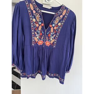 Solitaire Anthropologie Women Teen XLEmbroidery Blouse Top Boho Babydoll Peasant